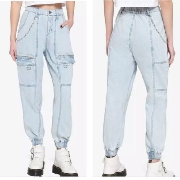 Hot Topic Indigo Denim Side Chain Jogger Jeans Size 5 Acid Wash Hip Hop … - Picture 1 of 9